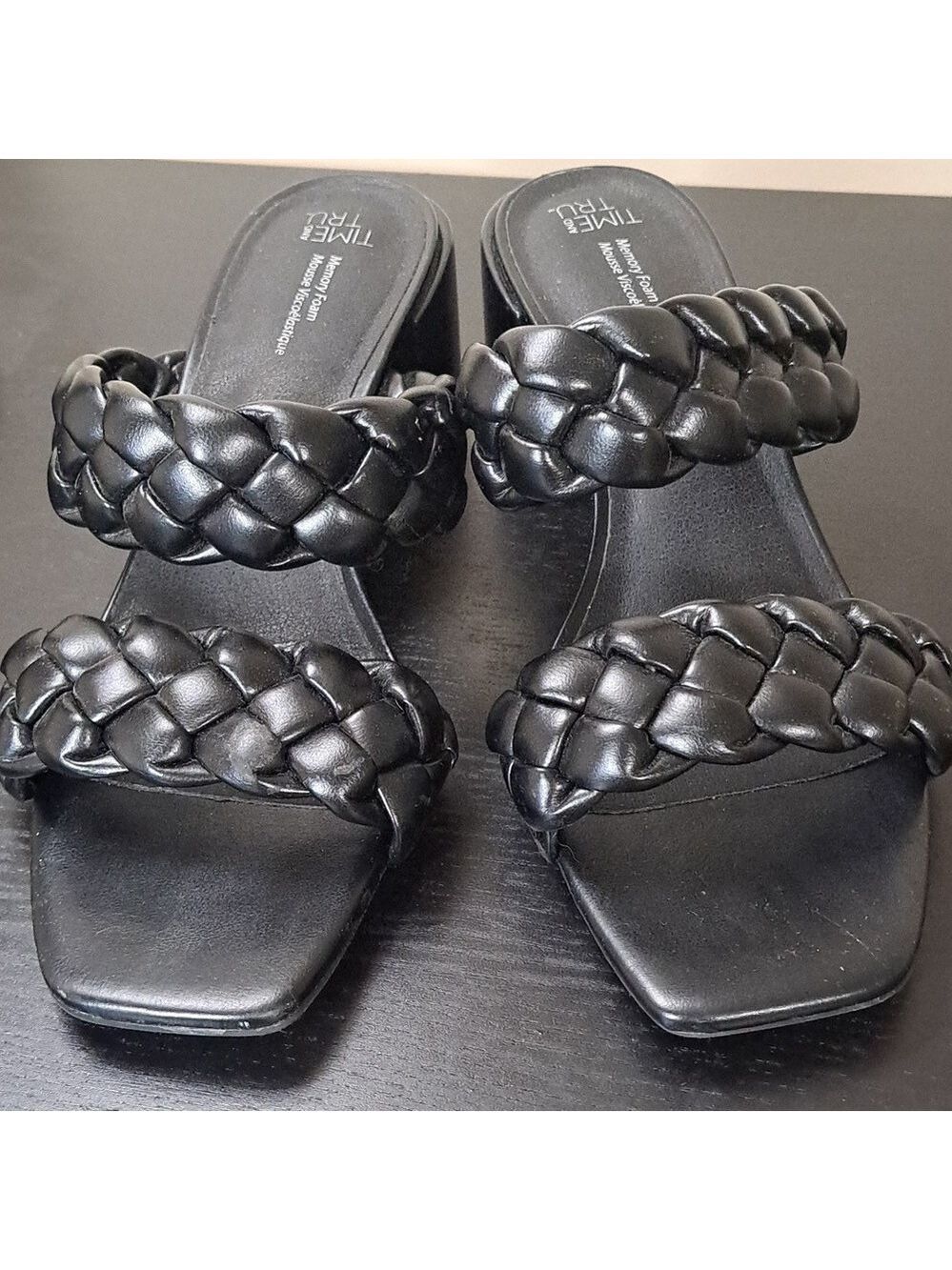 Sandals Time and Tru Women's Black Braided Slip on Heeled Memory Foam Size 9
